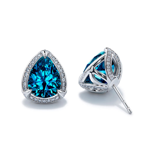 Blue Zircon Earrings with D Flawless Diamonds set in 18K White Gold