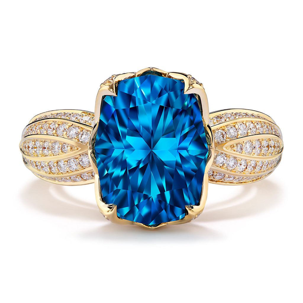 Blue Zircon Ring with D Flawless Diamonds set in 18K Yellow Gold