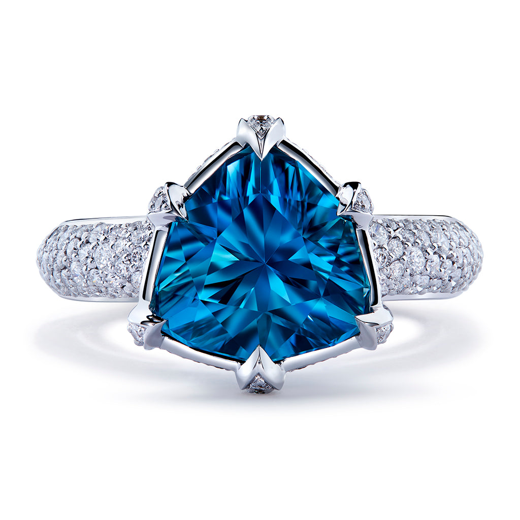 Blue Zircon Ring with D Flawless Diamonds set in 18K White Gold