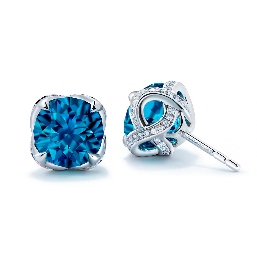 Blue Zircon Earrings with D Flawless Diamonds set in 18K White Gold