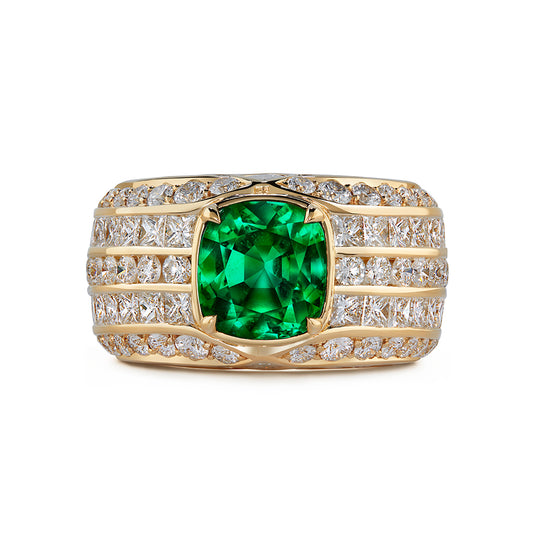 Clean Vivid Emerald Ring with D Flawless Diamonds set in 18K Yellow Gold