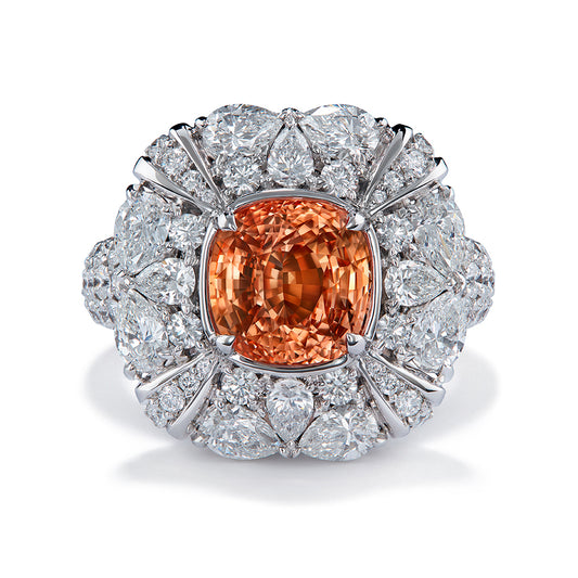 Unheated Lotus Ceylon Padparadscha Sapphire Ring with D Flawless Diamonds set in 18K White Gold