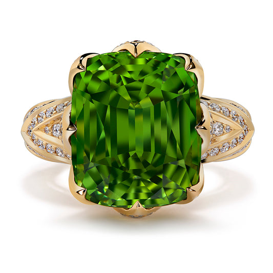 Burmese Peridot Ring with D Flawless Diamonds set in 18K Yellow Gold