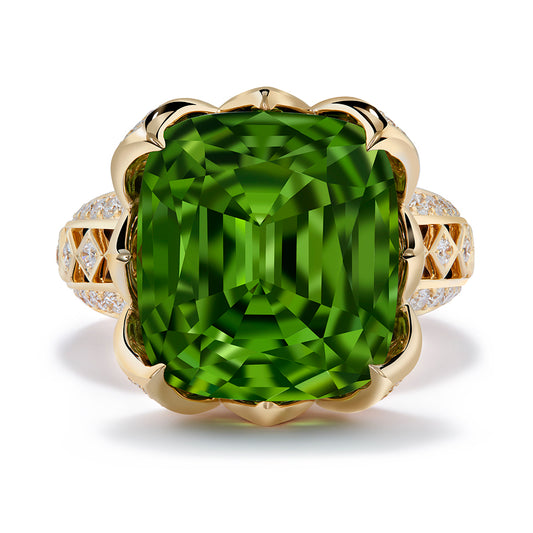 Burmese Peridot Ring with D Flawless Diamonds set in 18K Yellow Gold