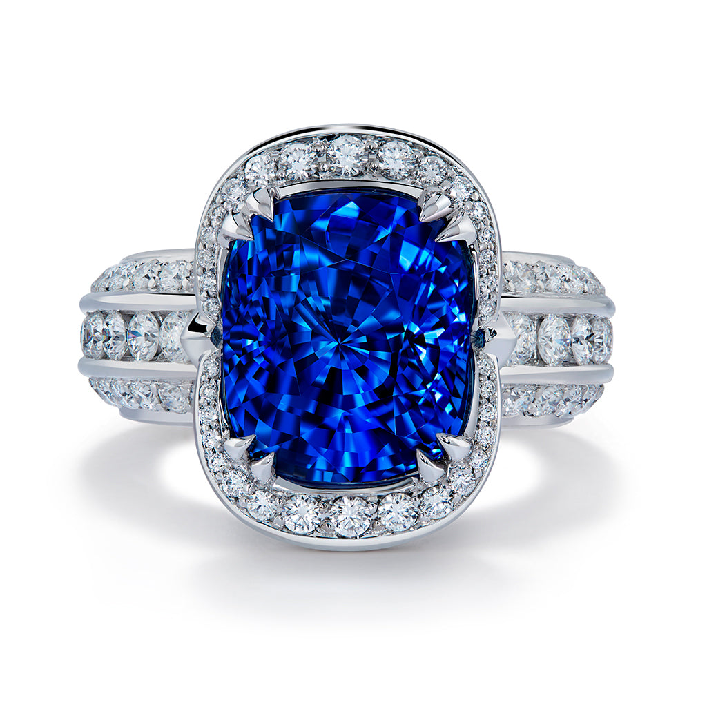 Unheated Ceylon Cornflower Blue Sapphire Ring with D Flawless Diamonds set in 18K White Gold