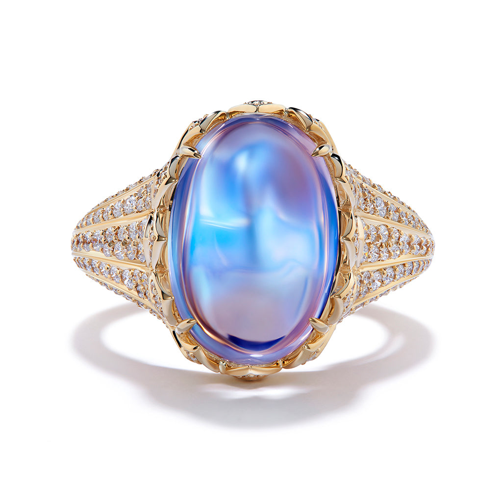 Ceylon Blue Moonstone Ring with D Flawless Diamonds set in 18K Yellow Gold