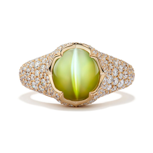 Milk & Honey Ceylon Blinking Cats Eye Chrysoberyl Ring with D Flawless Diamonds set in 18K Yellow Gold