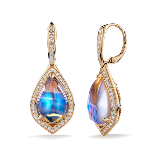 Ceylon Blue Moonstone Earrings with D Flawless Diamonds set in 18K Yellow Gold