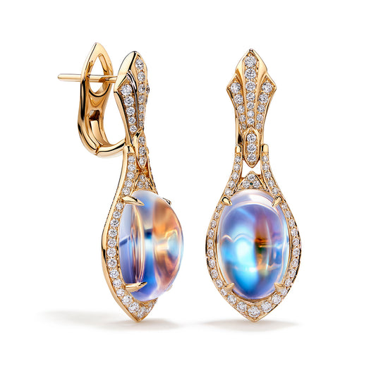 Ceylon Blue Moonstone Earrings with D Flawless Diamonds set in 18K Yellow Gold