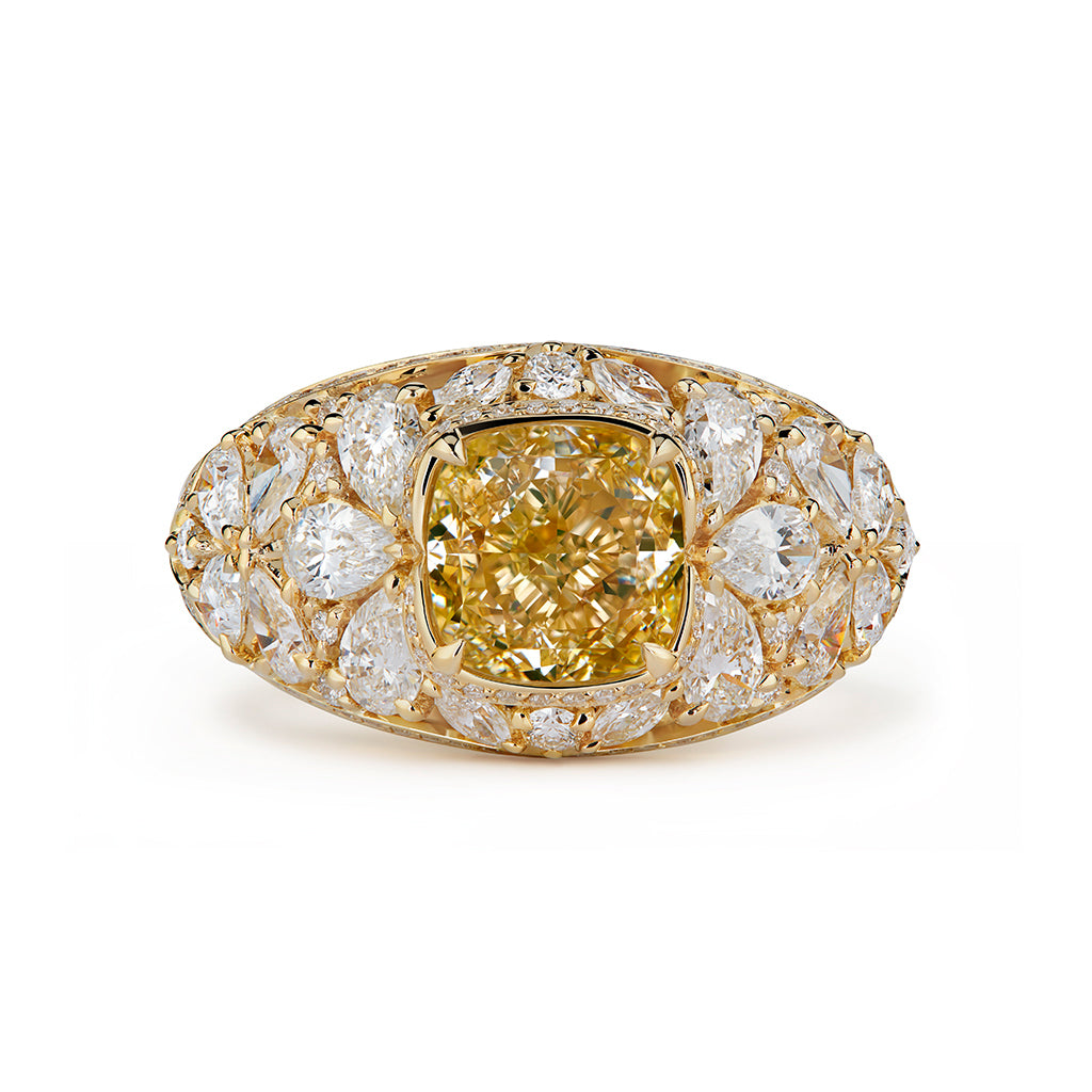 Lesotho Yellow Diamond Ring with D Flawless Diamonds set in 18K Yellow Gold