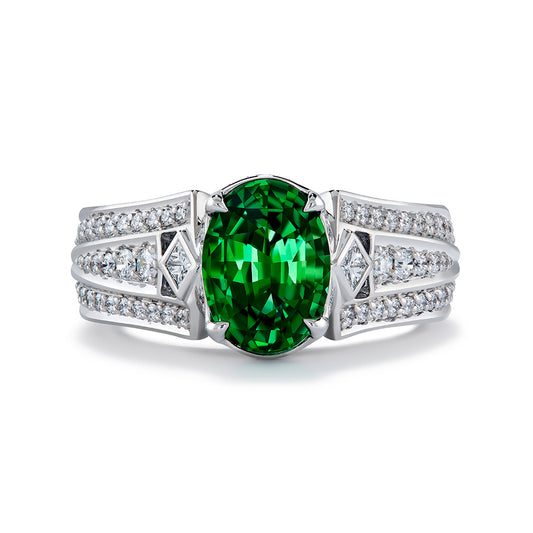 Neon Tsavorite Ring with D Flawless Diamonds set in Platinum