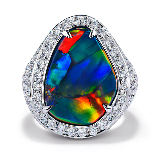 Harlequin Lightning Ridge Black Opal Ring with D Flawless Diamonds set in 18K White Gold