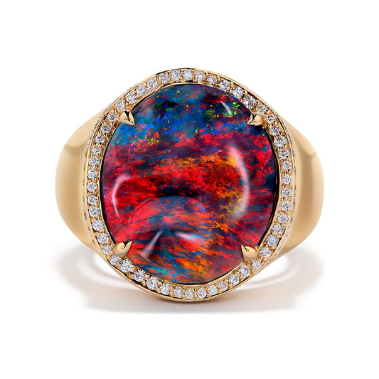 Lightning Ridge Black Opal Ring with D Flawless Diamonds set in 18K Yellow Gold