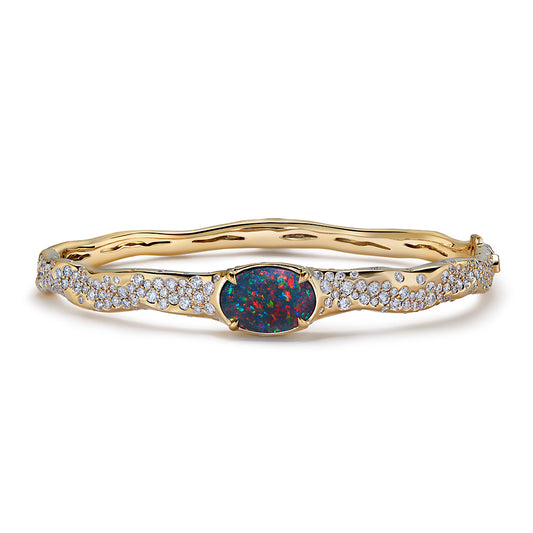 Lightning Ridge Black Opal Bangle with D Flawless Diamonds set in 18K Yellow Gold