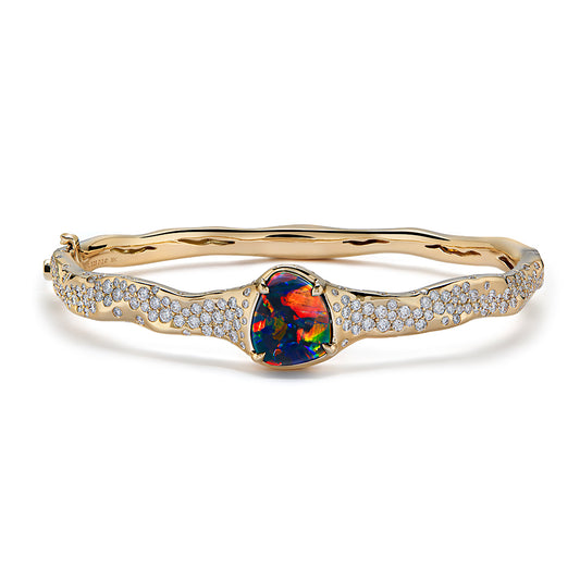 Lightning Ridge Black Opal Bangle with D Flawless Diamonds set in 18K Yellow Gold