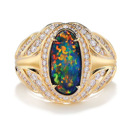 Lightning Ridge Black Opal Ring with D Flawless Diamonds set in 18K Yellow Gold