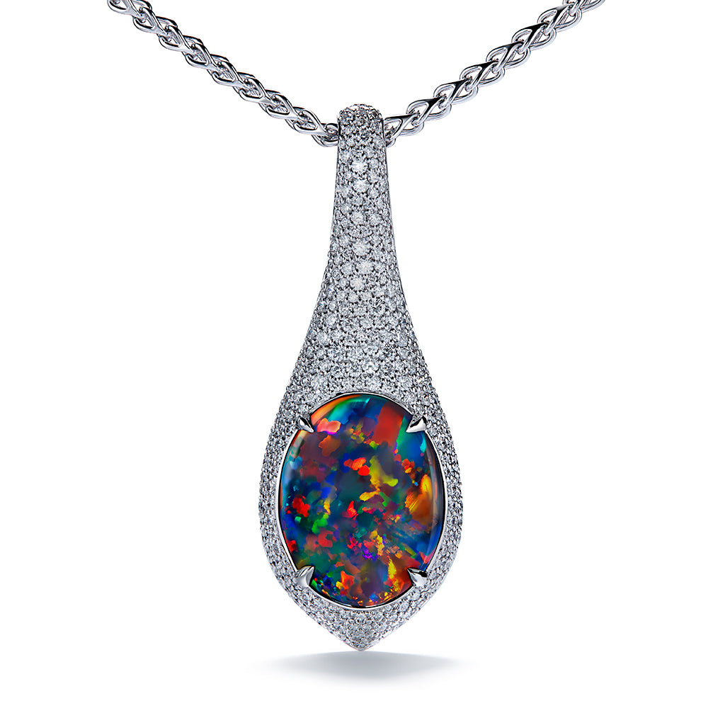 Lightning Ridge Black Opal Necklace with D Flawless Diamonds set in 18K White Gold