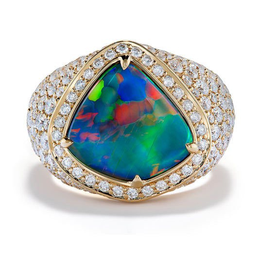 Lightning Ridge Black Opal Ring with D Flawless Diamonds set in 18K Yellow Gold