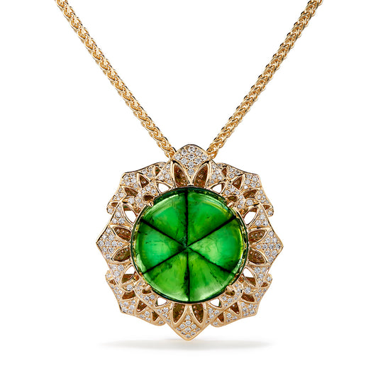 Muzo Columbian Trapiche Emerald Necklace with D Flawless Diamonds set in 18K Yellow Gold