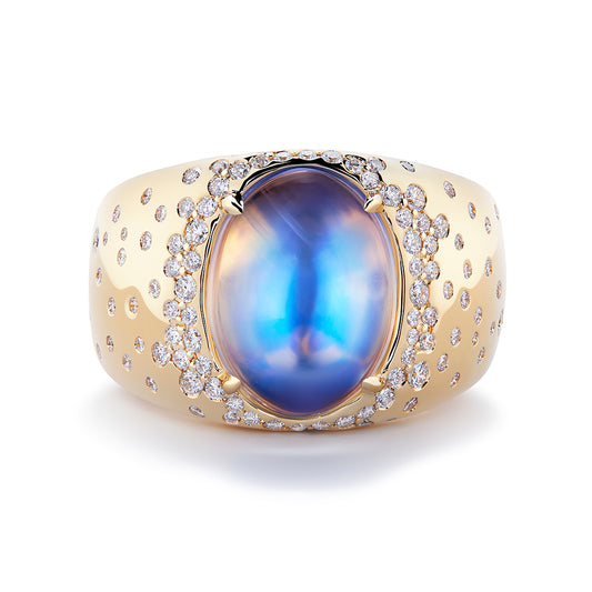 Ceylon Blue Moonstone Ring with D Flawless Diamonds set in 18K Yellow Gold