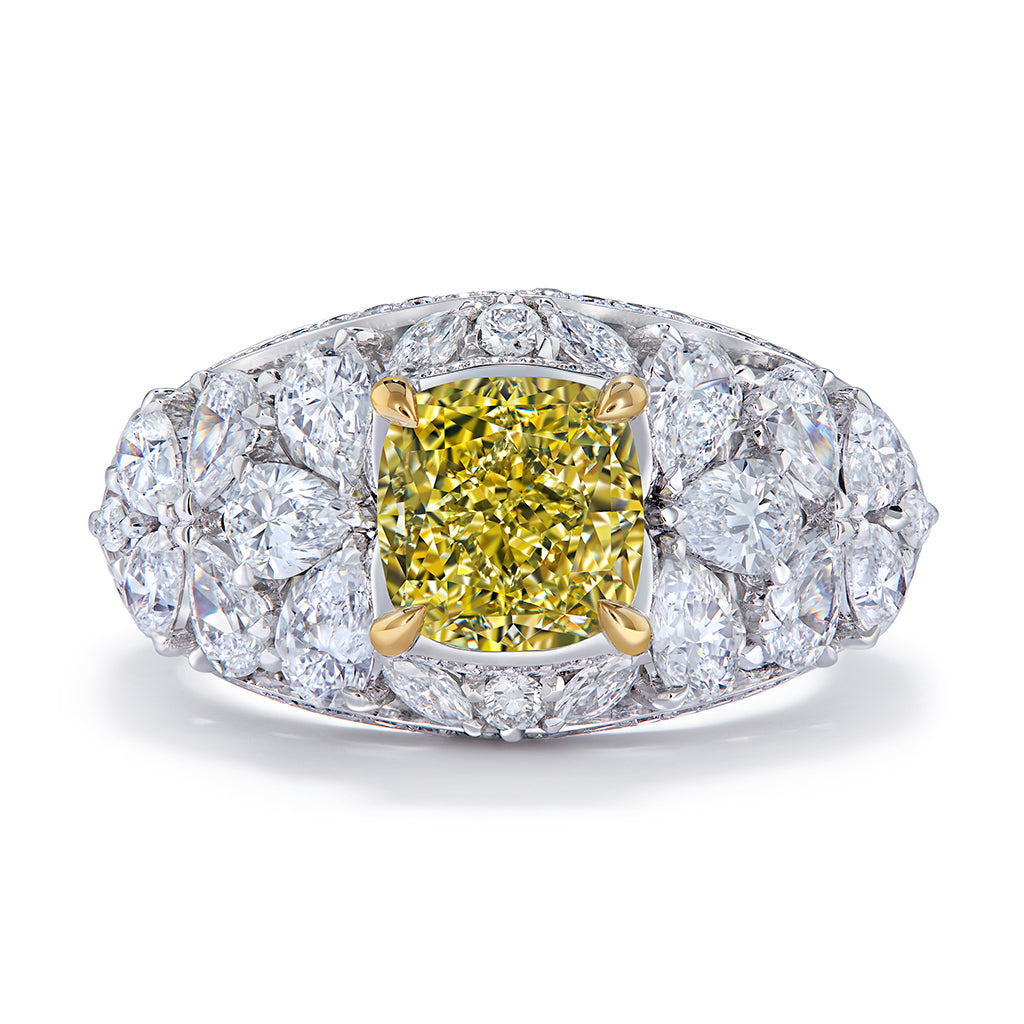 Fancy Yellow Diamond Ring with D Flawless Diamonds set in 18K White Gold