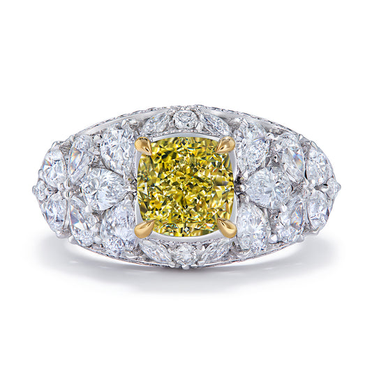 Fancy Yellow Diamond Ring with D Flawless Diamonds set in 18K White Gold