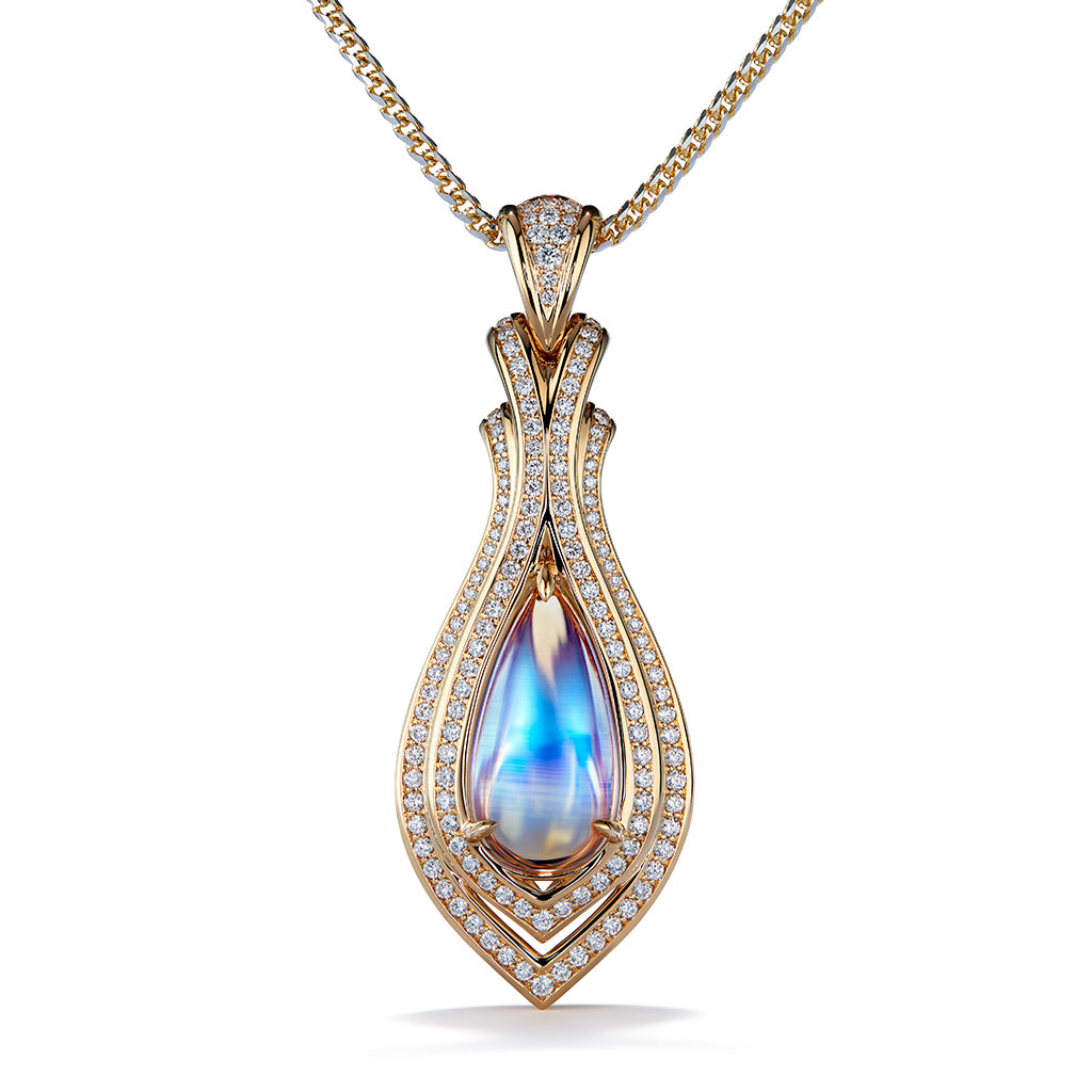 Ceylon Blue Moonstone Necklace with D Flawless Diamonds set in 18K Yellow Gold