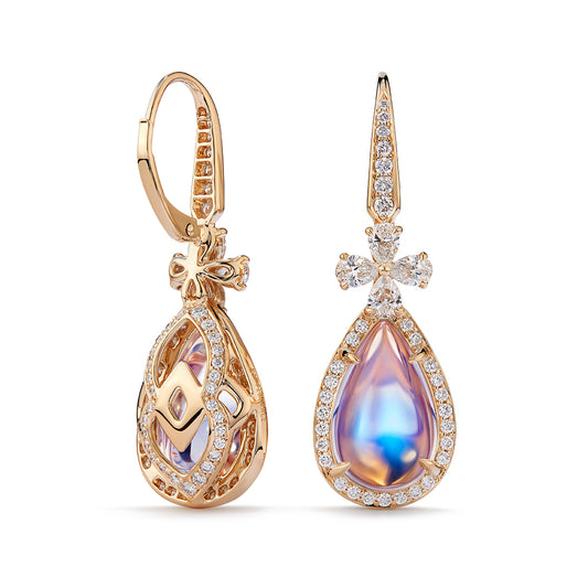 Ceylon Blue Moonstone Earrings with D Flawless Diamonds set in 18K Yellow Gold