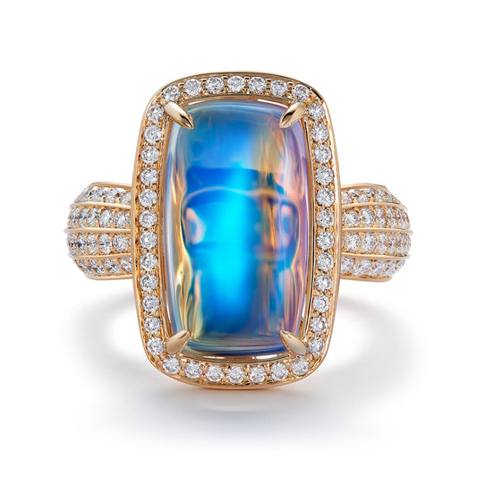 Ceylon Blue Moonstone Ring with D Flawless Diamonds set in 18K Yellow Gold