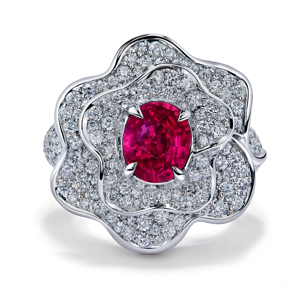 Unheated Jedi Luc Yen Pigeon Blood Ruby Ring with D Flawless Diamonds set in 18K White Gold