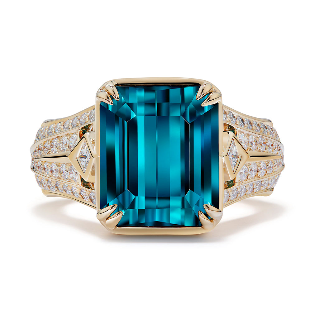 Indicolite Tourmaline Ring with D Flawless Diamonds set in 18K Yellow Gold