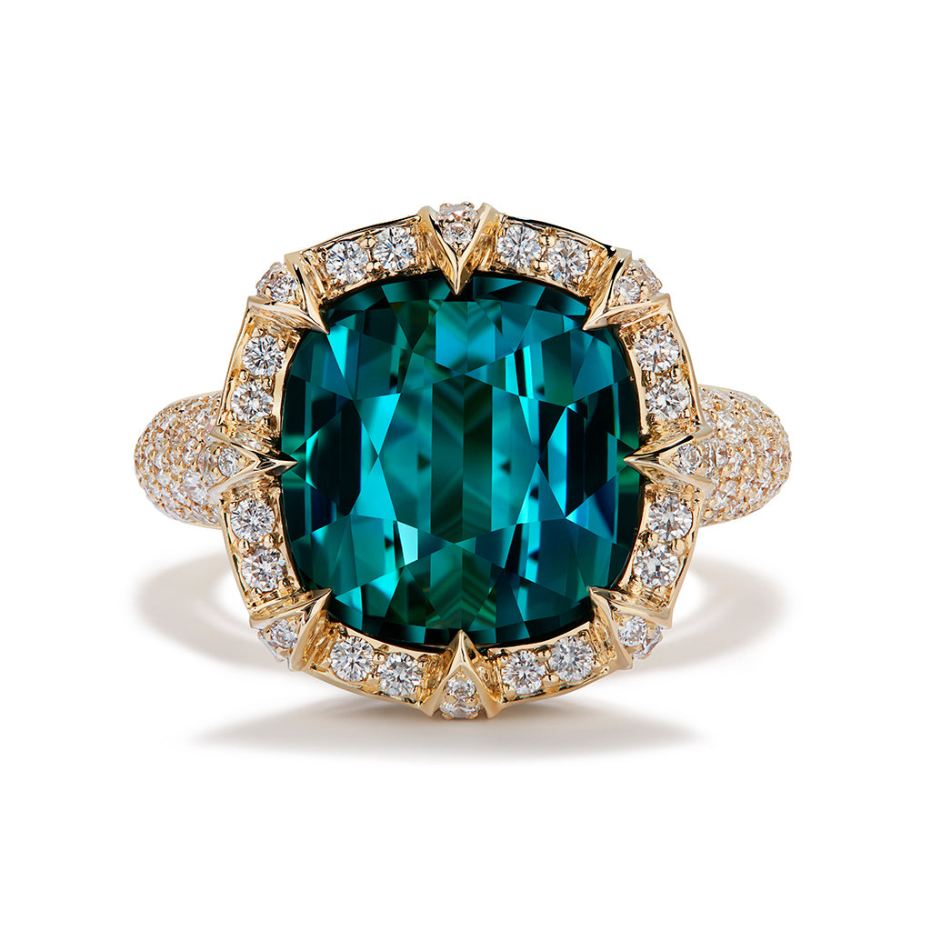 Afghan Indicolite Ring with D Flawless Diamonds set in 18K Yellow Gold