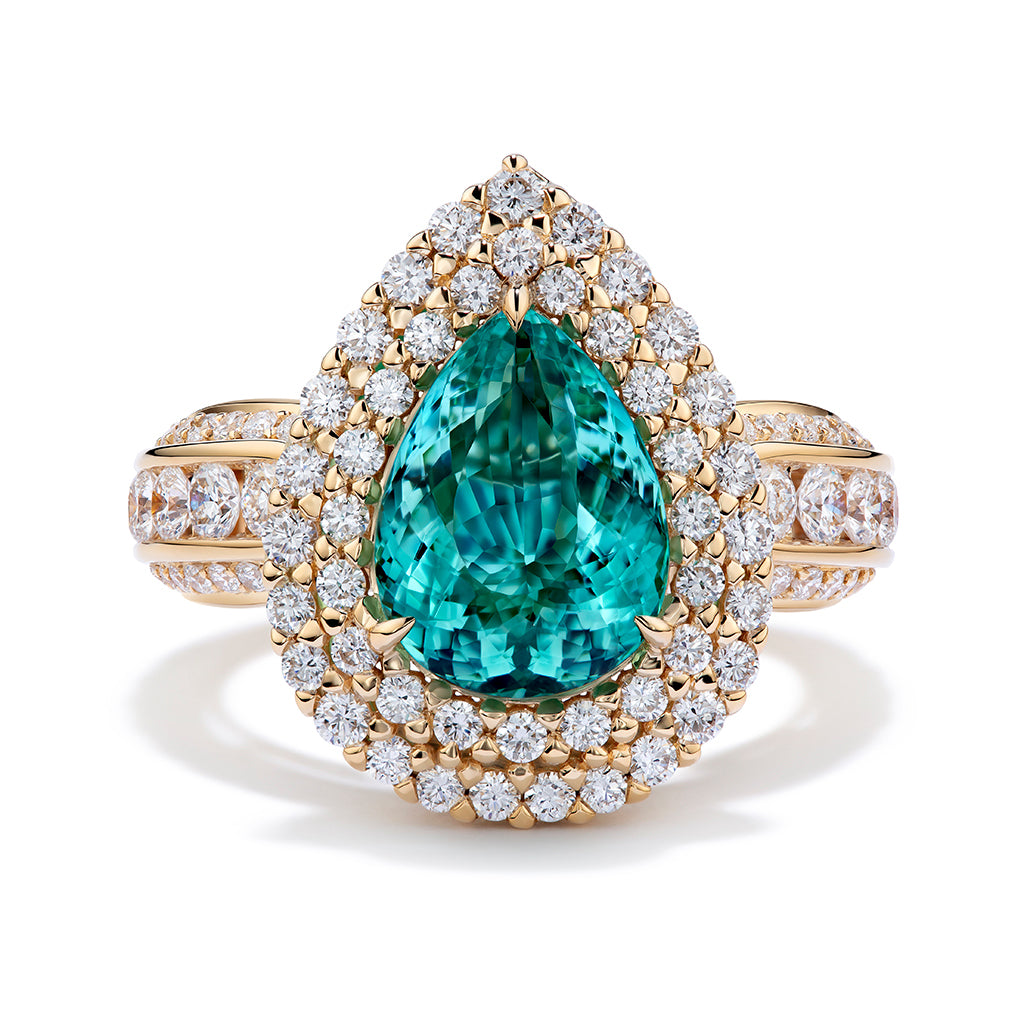 Unheated Brazilian Neon Paraiba Tourmaline Ring with D Flawless Diamonds set in 18K Yellow Gold