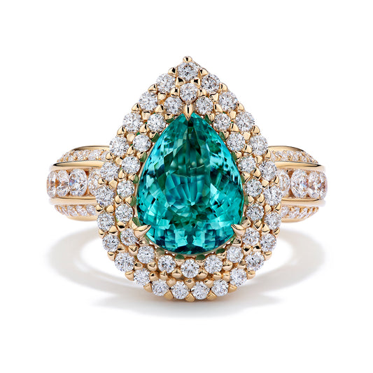 Unheated Brazilian Neon Paraiba Tourmaline Ring with D Flawless Diamonds set in 18K Yellow Gold