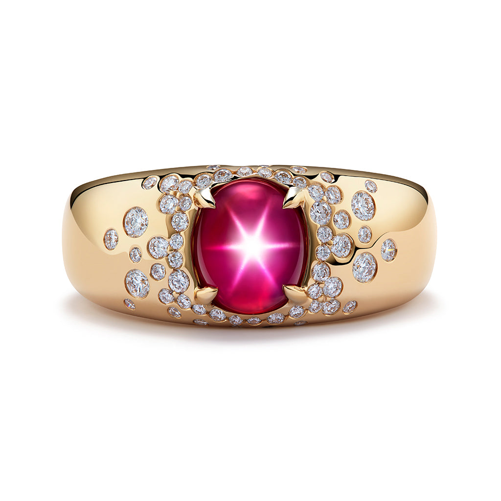 Burmese Star Ruby Ring with D Flawless Diamonds set in 18K Yellow Gold