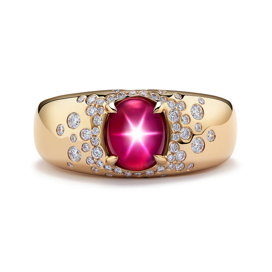 Burmese Star Ruby Ring with D Flawless Diamonds set in 18K Yellow Gold