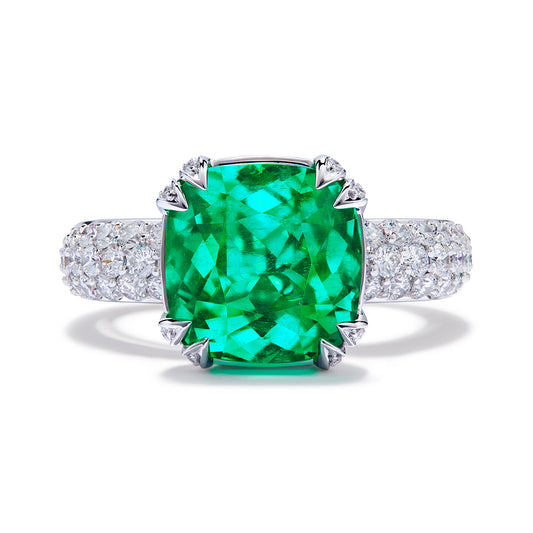 Muzo Vivid Green Colombian Emerald Ring with D Flawless Diamonds set in 18K White Gold