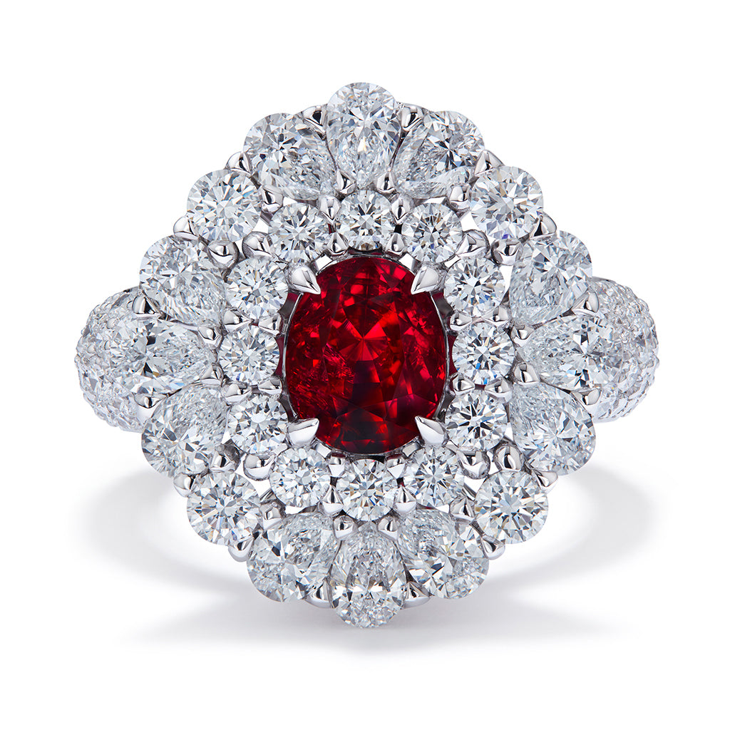 Mogok Unheated Pigeon Blood Red Ruby Ring with D Flawless Diamonds set in 18K White Gold