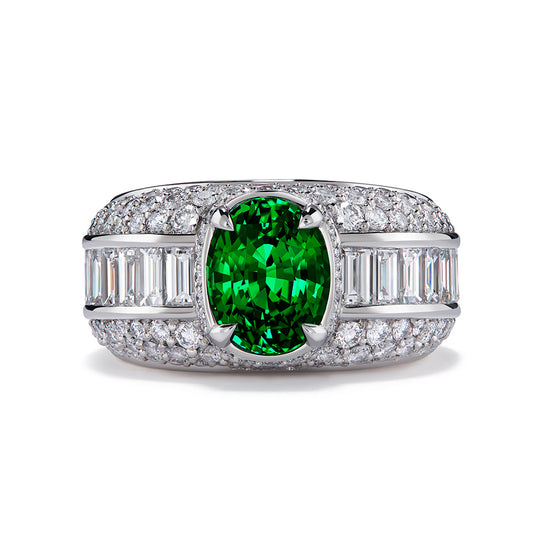 Neon Tsavorite Ring with D Flawless Diamonds set in Platinum