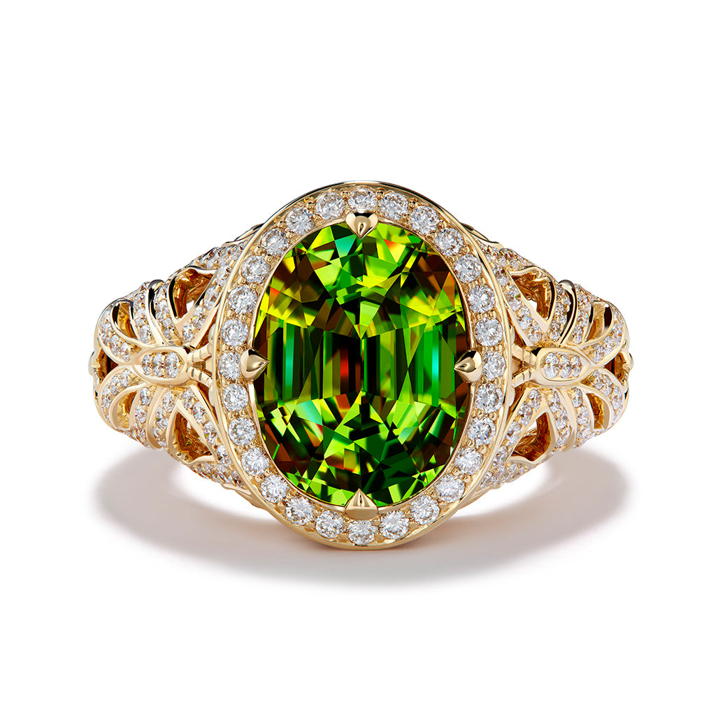 Green Sphene Ring with D Flawless Diamonds set in 18K Yellow Gold