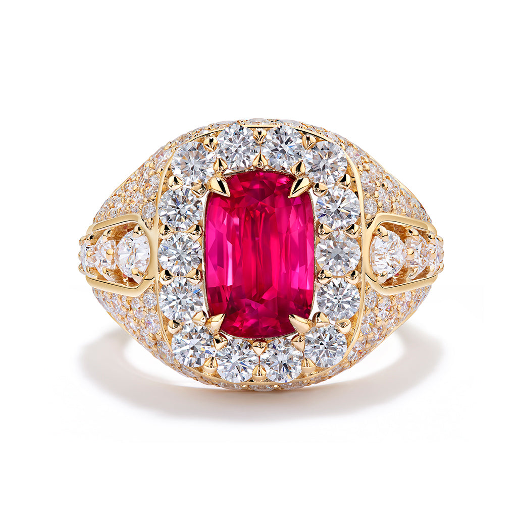 Unheated Mozambique Jedi Pigeons Blood Ruby Ring with D Flawless Diamonds set in 18K Yellow Gold