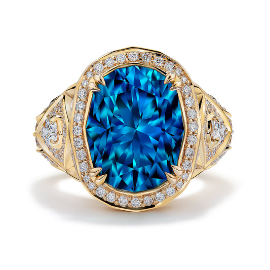 Blue Zircon Ring with D Flawless Diamonds set in 18K Yellow Gold