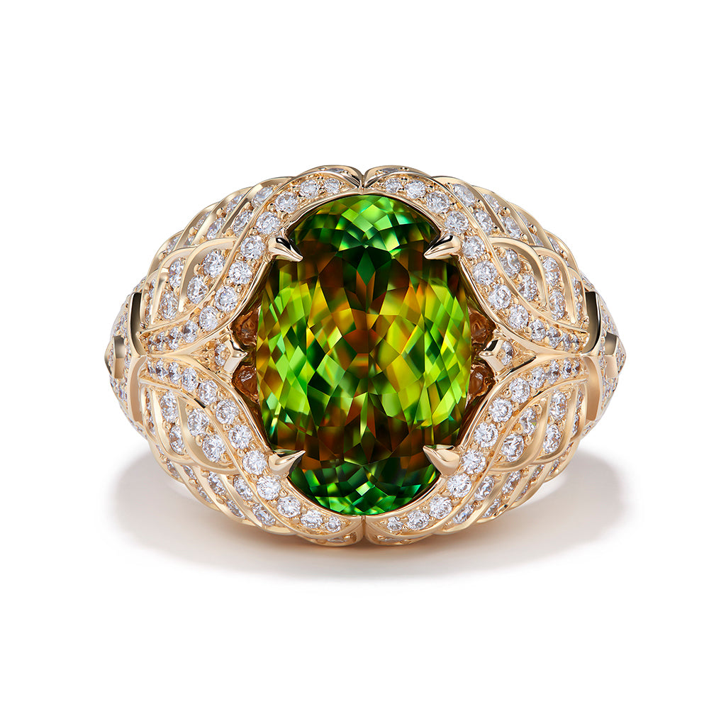 Sphene Ring with D Flawless Diamonds set in 18K Yellow Gold