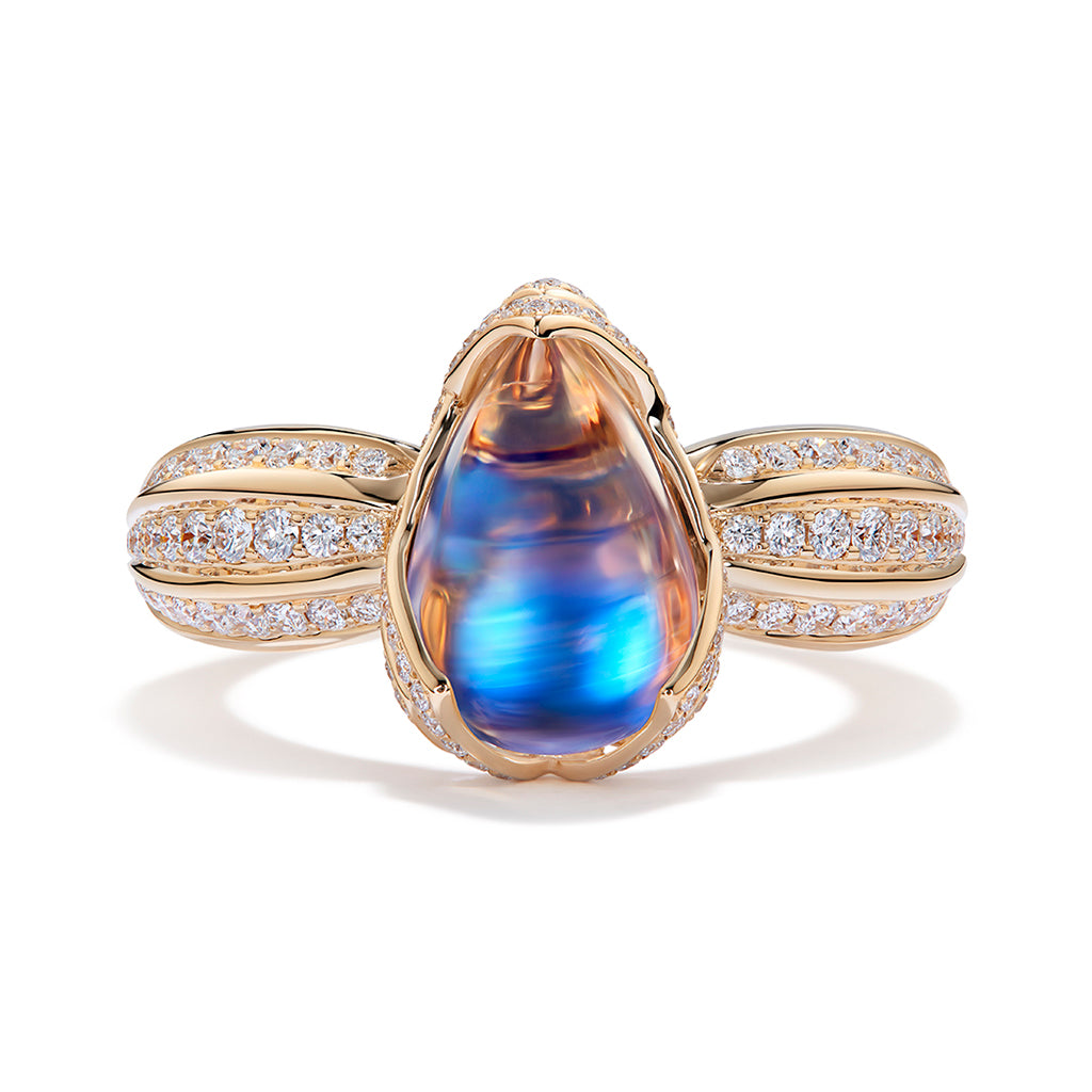 Ceylon Blue Moonstone Ring with D Flawless Diamonds set in 18K Yellow Gold