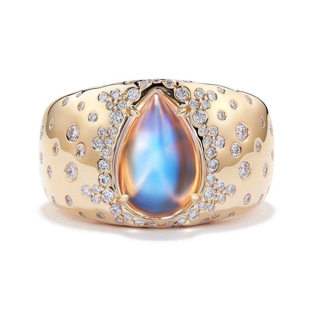 Ceylon Blue Moonstone Ring with D Flawless Diamonds set in 18K Yellow Gold