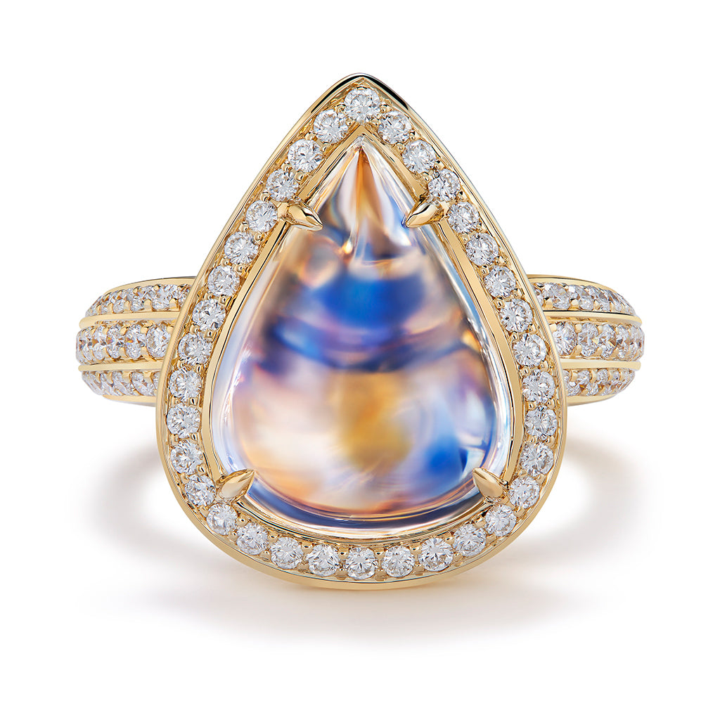 Ceylon Blue Moonstone Ring with D Flawless Diamonds set in 18K Yellow Gold