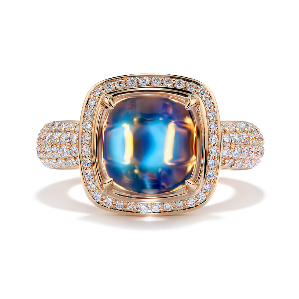 Ceylon Blue Moonstone Ring with D Flawless Diamonds set in 18K Yellow Gold