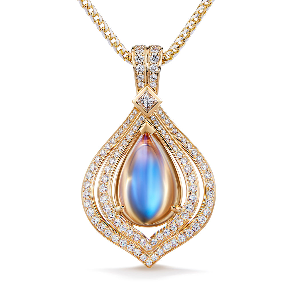 Ceylon Blue Moonstone Necklace with D Flawless Diamonds set in 18K Yellow Gold