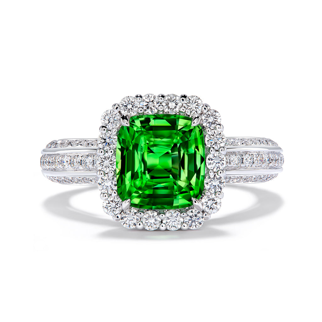 Neon Tsavorite Garnet Ring with D Flawless Diamonds set in 18K White Gold