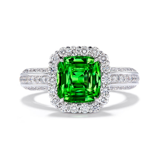 Neon Tsavorite Garnet Ring with D Flawless Diamonds set in 18K White Gold